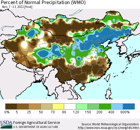China, Mongolia and Taiwan Percent of Normal Precipitation (WMO) Thematic Map For 11/7/2022 - 11/13/2022