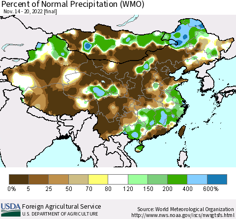 China, Mongolia and Taiwan Percent of Normal Precipitation (WMO) Thematic Map For 11/14/2022 - 11/20/2022