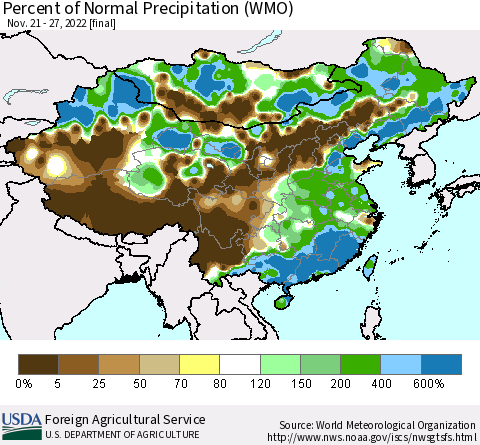 China, Mongolia and Taiwan Percent of Normal Precipitation (WMO) Thematic Map For 11/21/2022 - 11/27/2022