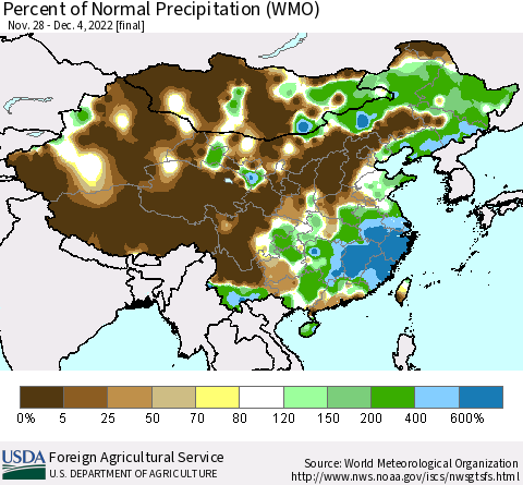 China, Mongolia and Taiwan Percent of Normal Precipitation (WMO) Thematic Map For 11/28/2022 - 12/4/2022