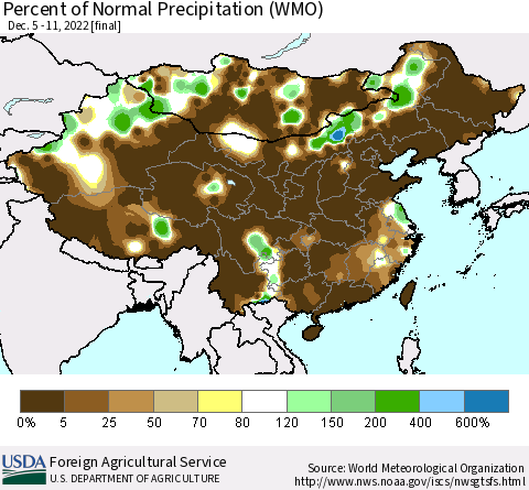 China, Mongolia and Taiwan Percent of Normal Precipitation (WMO) Thematic Map For 12/5/2022 - 12/11/2022