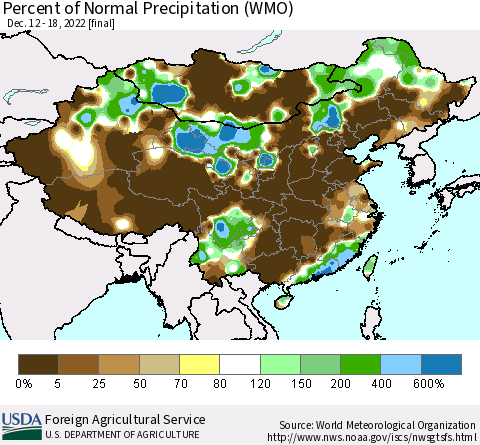 China, Mongolia and Taiwan Percent of Normal Precipitation (WMO) Thematic Map For 12/12/2022 - 12/18/2022