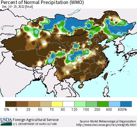 China, Mongolia and Taiwan Percent of Normal Precipitation (WMO) Thematic Map For 12/19/2022 - 12/25/2022