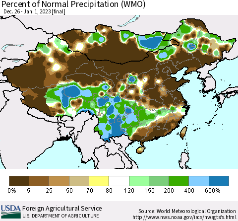 China, Mongolia and Taiwan Percent of Normal Precipitation (WMO) Thematic Map For 12/26/2022 - 1/1/2023