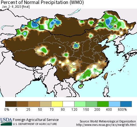 China, Mongolia and Taiwan Percent of Normal Precipitation (WMO) Thematic Map For 1/2/2023 - 1/8/2023