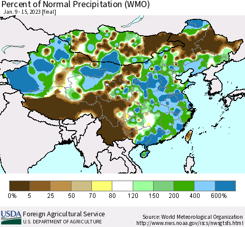 China, Mongolia and Taiwan Percent of Normal Precipitation (WMO) Thematic Map For 1/9/2023 - 1/15/2023
