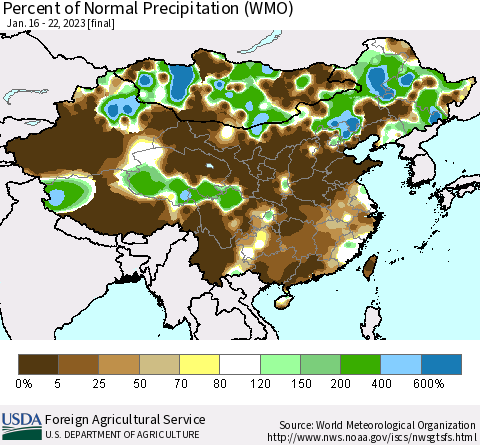 China, Mongolia and Taiwan Percent of Normal Precipitation (WMO) Thematic Map For 1/16/2023 - 1/22/2023