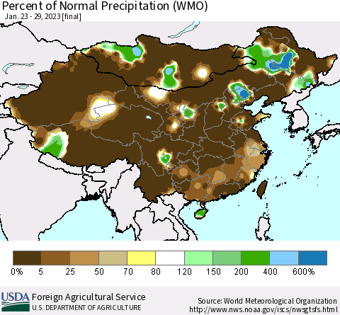 China, Mongolia and Taiwan Percent of Normal Precipitation (WMO) Thematic Map For 1/23/2023 - 1/29/2023