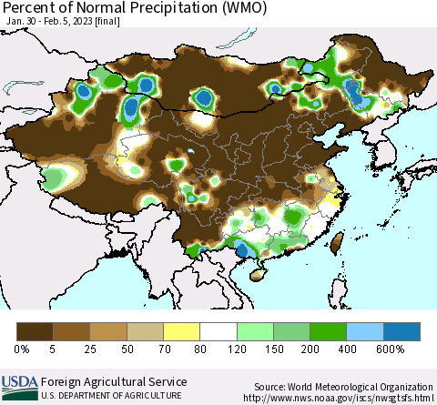 China, Mongolia and Taiwan Percent of Normal Precipitation (WMO) Thematic Map For 1/30/2023 - 2/5/2023