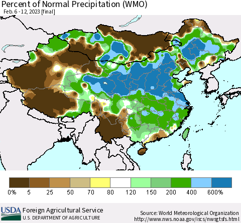 China, Mongolia and Taiwan Percent of Normal Precipitation (WMO) Thematic Map For 2/6/2023 - 2/12/2023