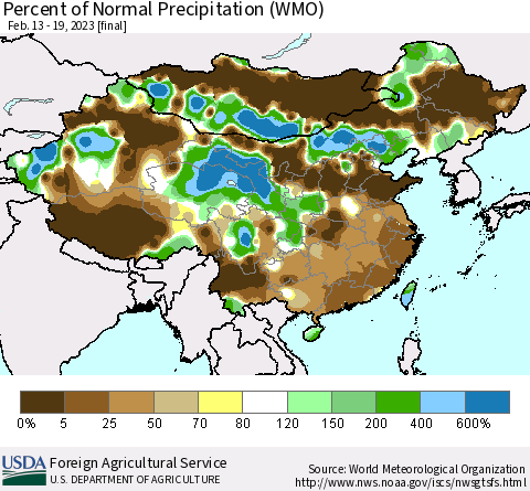 China, Mongolia and Taiwan Percent of Normal Precipitation (WMO) Thematic Map For 2/13/2023 - 2/19/2023