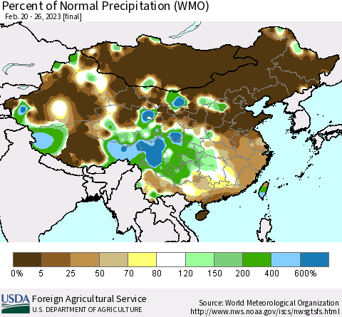 China, Mongolia and Taiwan Percent of Normal Precipitation (WMO) Thematic Map For 2/20/2023 - 2/26/2023