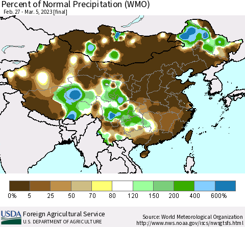 China, Mongolia and Taiwan Percent of Normal Precipitation (WMO) Thematic Map For 2/27/2023 - 3/5/2023