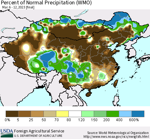 China, Mongolia and Taiwan Percent of Normal Precipitation (WMO) Thematic Map For 3/6/2023 - 3/12/2023