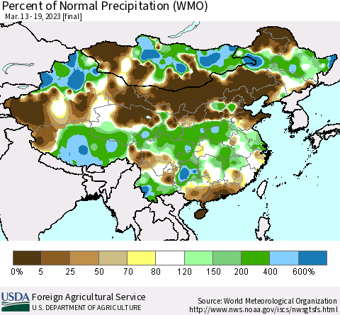 China, Mongolia and Taiwan Percent of Normal Precipitation (WMO) Thematic Map For 3/13/2023 - 3/19/2023