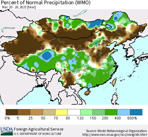 China, Mongolia and Taiwan Percent of Normal Precipitation (WMO) Thematic Map For 3/20/2023 - 3/26/2023