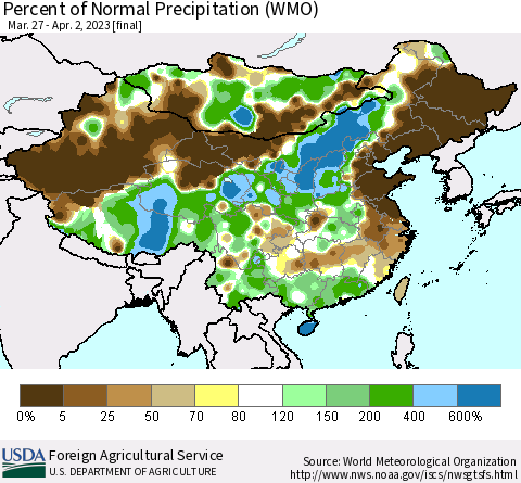 China, Mongolia and Taiwan Percent of Normal Precipitation (WMO) Thematic Map For 3/27/2023 - 4/2/2023