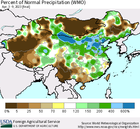 China, Mongolia and Taiwan Percent of Normal Precipitation (WMO) Thematic Map For 4/3/2023 - 4/9/2023