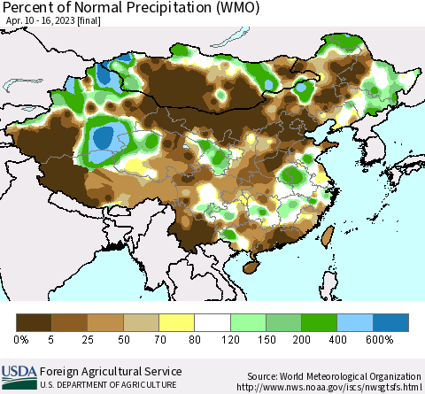 China, Mongolia and Taiwan Percent of Normal Precipitation (WMO) Thematic Map For 4/10/2023 - 4/16/2023