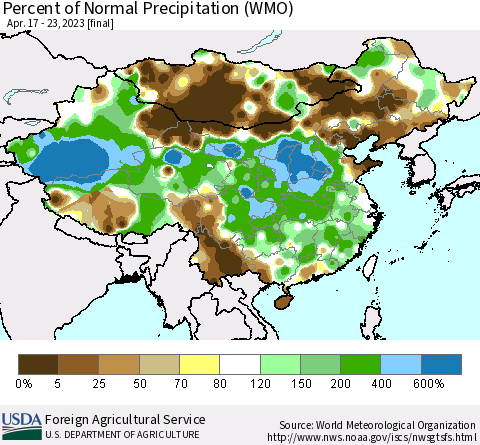 China, Mongolia and Taiwan Percent of Normal Precipitation (WMO) Thematic Map For 4/17/2023 - 4/23/2023