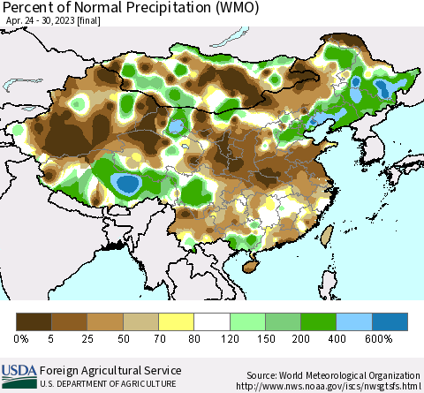 China, Mongolia and Taiwan Percent of Normal Precipitation (WMO) Thematic Map For 4/24/2023 - 4/30/2023