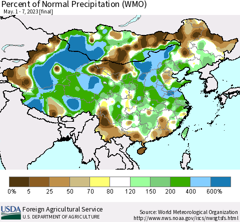China, Mongolia and Taiwan Percent of Normal Precipitation (WMO) Thematic Map For 5/1/2023 - 5/7/2023