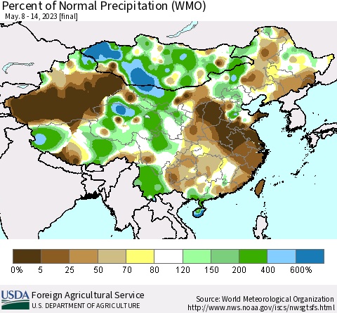China, Mongolia and Taiwan Percent of Normal Precipitation (WMO) Thematic Map For 5/8/2023 - 5/14/2023