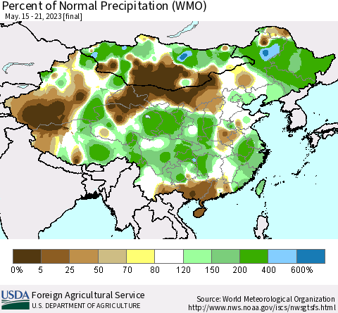 China, Mongolia and Taiwan Percent of Normal Precipitation (WMO) Thematic Map For 5/15/2023 - 5/21/2023