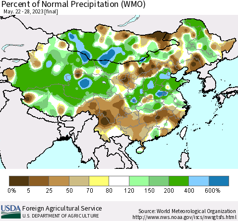 China, Mongolia and Taiwan Percent of Normal Precipitation (WMO) Thematic Map For 5/22/2023 - 5/28/2023