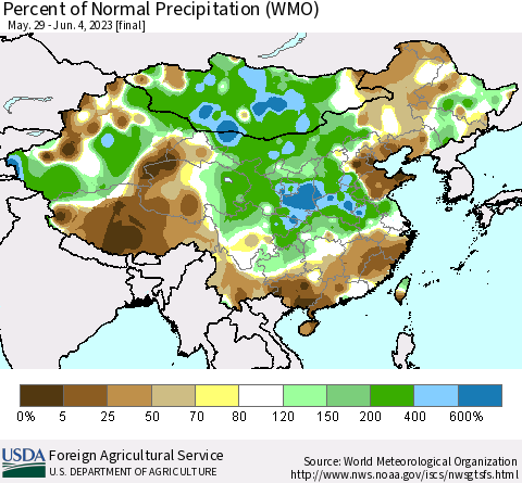 China, Mongolia and Taiwan Percent of Normal Precipitation (WMO) Thematic Map For 5/29/2023 - 6/4/2023