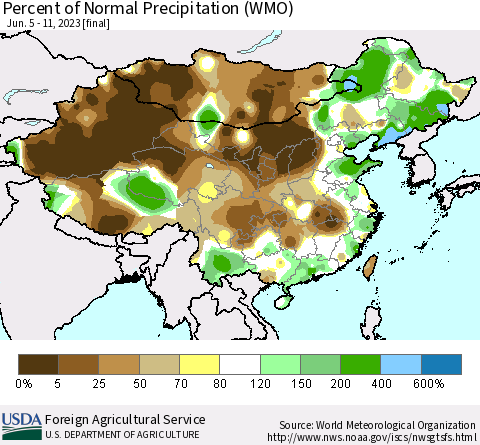 China, Mongolia and Taiwan Percent of Normal Precipitation (WMO) Thematic Map For 6/5/2023 - 6/11/2023