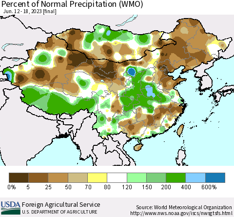 China, Mongolia and Taiwan Percent of Normal Precipitation (WMO) Thematic Map For 6/12/2023 - 6/18/2023