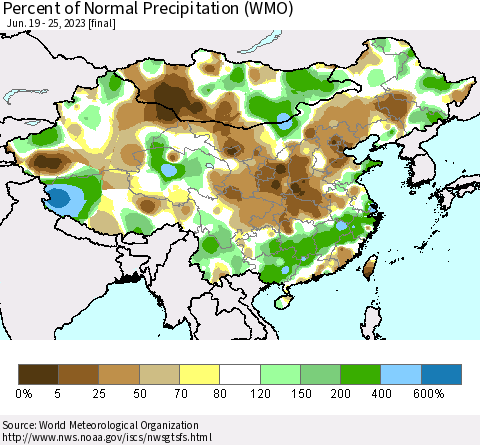 China, Mongolia and Taiwan Percent of Normal Precipitation (WMO) Thematic Map For 6/19/2023 - 6/25/2023