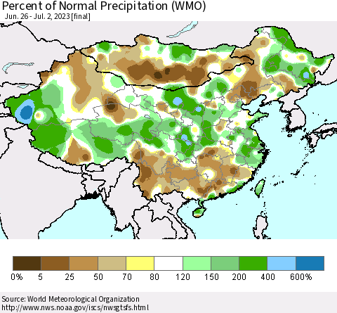 China, Mongolia and Taiwan Percent of Normal Precipitation (WMO) Thematic Map For 6/26/2023 - 7/2/2023