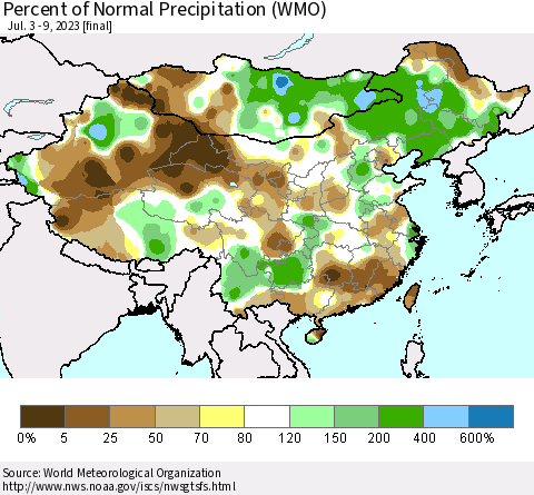 China, Mongolia and Taiwan Percent of Normal Precipitation (WMO) Thematic Map For 7/3/2023 - 7/9/2023