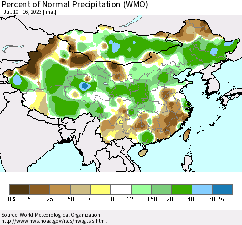 China, Mongolia and Taiwan Percent of Normal Precipitation (WMO) Thematic Map For 7/10/2023 - 7/16/2023