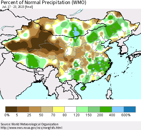 China, Mongolia and Taiwan Percent of Normal Precipitation (WMO) Thematic Map For 7/17/2023 - 7/23/2023
