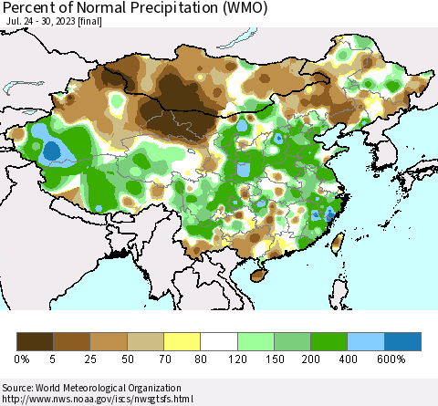 China, Mongolia and Taiwan Percent of Normal Precipitation (WMO) Thematic Map For 7/24/2023 - 7/30/2023