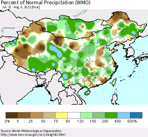 China, Mongolia and Taiwan Percent of Normal Precipitation (WMO) Thematic Map For 7/31/2023 - 8/6/2023