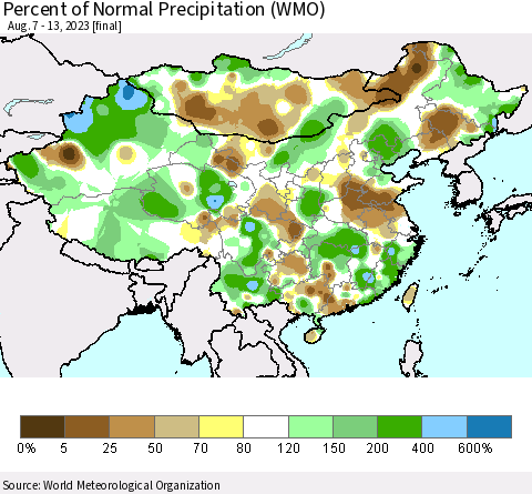 China, Mongolia and Taiwan Percent of Normal Precipitation (WMO) Thematic Map For 8/7/2023 - 8/13/2023
