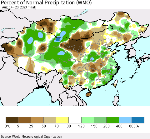 China, Mongolia and Taiwan Percent of Normal Precipitation (WMO) Thematic Map For 8/14/2023 - 8/20/2023