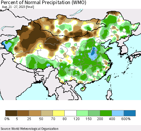 China, Mongolia and Taiwan Percent of Normal Precipitation (WMO) Thematic Map For 8/21/2023 - 8/27/2023