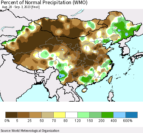 China, Mongolia and Taiwan Percent of Normal Precipitation (WMO) Thematic Map For 8/28/2023 - 9/3/2023