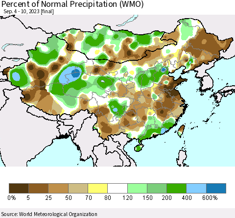 China, Mongolia and Taiwan Percent of Normal Precipitation (WMO) Thematic Map For 9/4/2023 - 9/10/2023