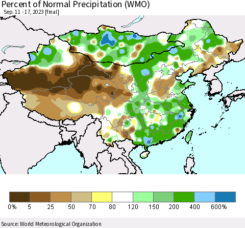 China, Mongolia and Taiwan Percent of Normal Precipitation (WMO) Thematic Map For 9/11/2023 - 9/17/2023