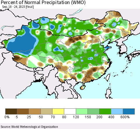 China, Mongolia and Taiwan Percent of Normal Precipitation (WMO) Thematic Map For 9/18/2023 - 9/24/2023