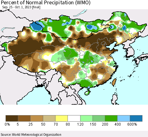 China, Mongolia and Taiwan Percent of Normal Precipitation (WMO) Thematic Map For 9/25/2023 - 10/1/2023