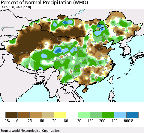 China, Mongolia and Taiwan Percent of Normal Precipitation (WMO) Thematic Map For 10/2/2023 - 10/8/2023