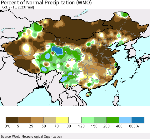 China, Mongolia and Taiwan Percent of Normal Precipitation (WMO) Thematic Map For 10/9/2023 - 10/15/2023