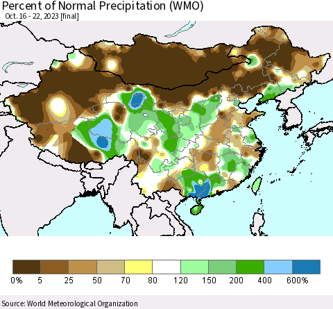 China, Mongolia and Taiwan Percent of Normal Precipitation (WMO) Thematic Map For 10/16/2023 - 10/22/2023
